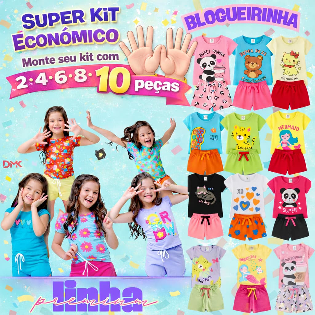 Kit até 10 Peças Conjunto Infantil Menina  Roupa de Algodão Premium Verão Bebê Criança Blogueirinha