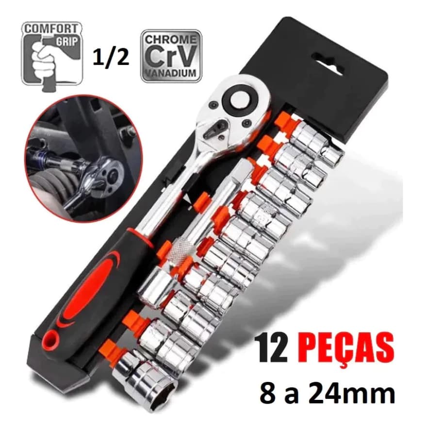 Jogo De Soquete Sextavado 1/2 Catraca 12 Peças 8 a 24mm com Extensão