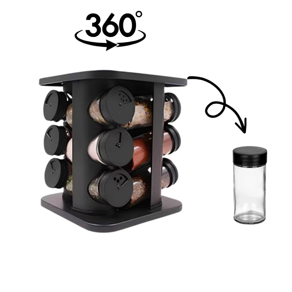 Porta temperos giratório 9 potes vidro condimentos base giratória inox preta organizador cozinha