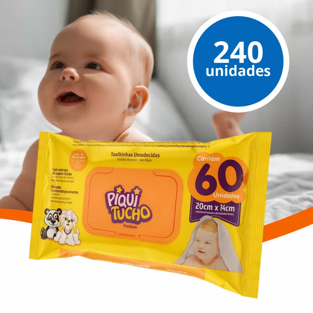 Kit Lenço Umedecido 240 Uni Infantil Piquitucho Premium Cuidado Delicado para o Bebê