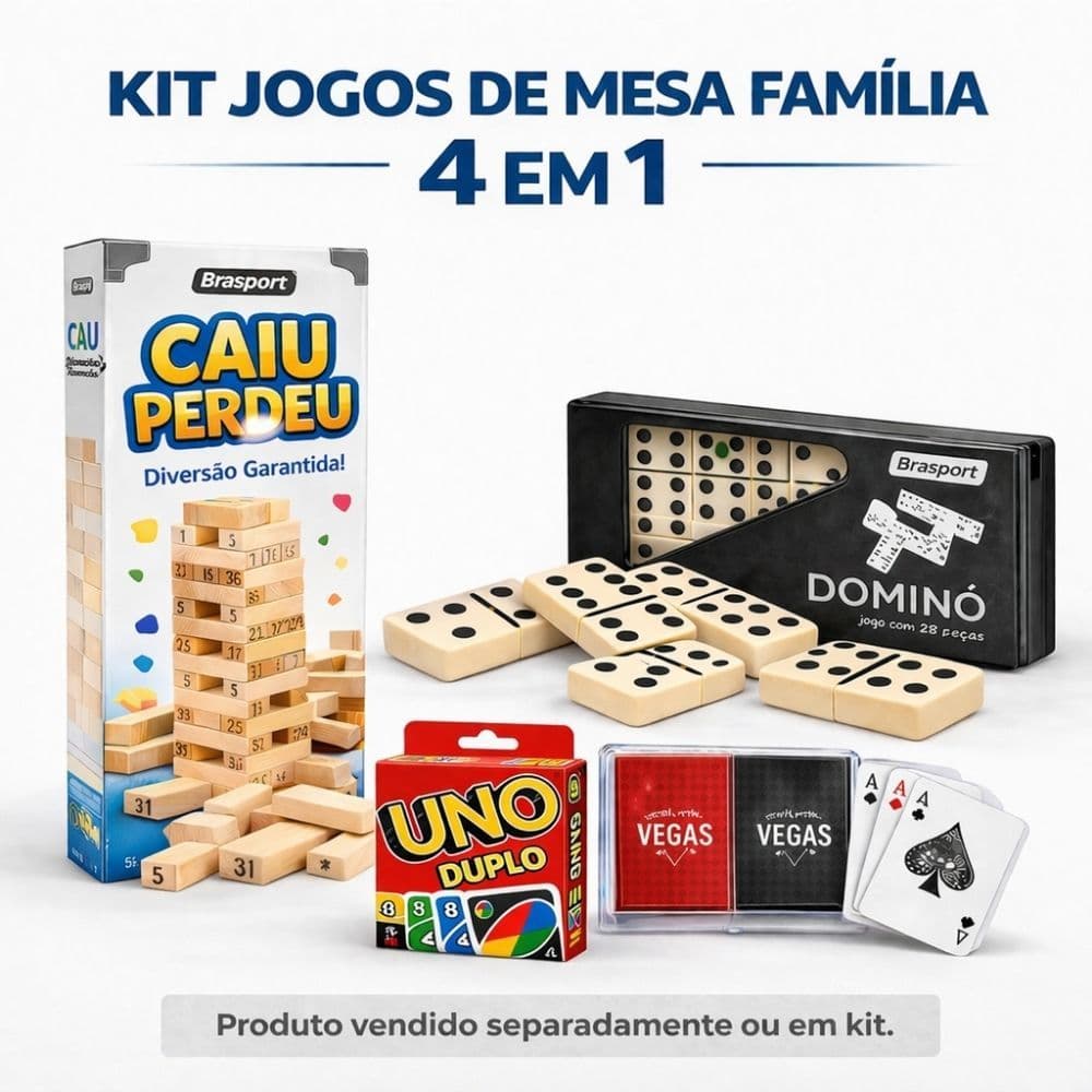 Kit Jogos de Mesa Caiu Perdeu + Dominó + Baralho Duplo + UNO Duplo Diversão em Família Escolha Jogo ou Kit