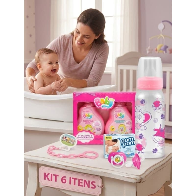 Kit Cuidados Para o Bebe Recem Nascido 6 Itens Chá de Bebe chá de fraldas Shampoo Muriel +Mamadeira 240+Sabonete Pom pom
