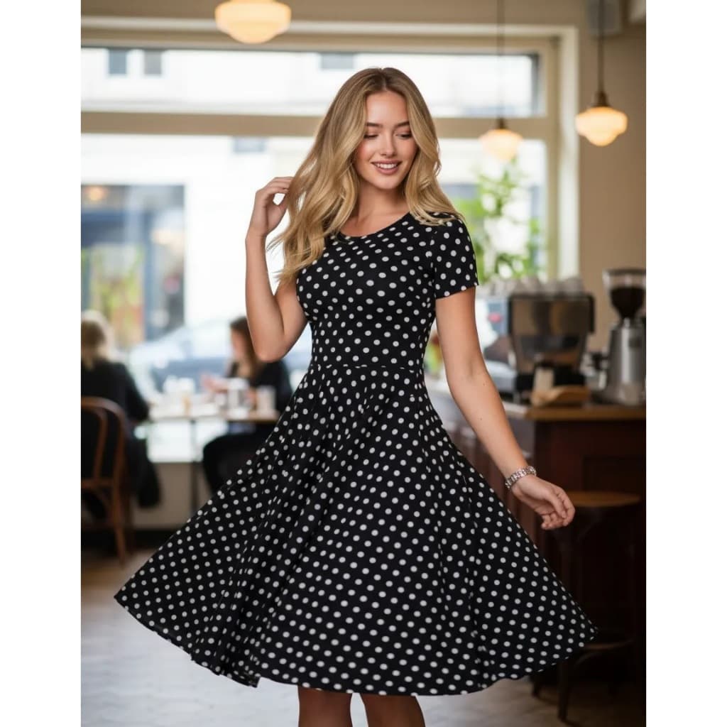 Vestido Anos 60 70 80 Poá Bolinha Manga Curta Vintage Retrô Moda Feminina Preto Branco Vermelho Azul