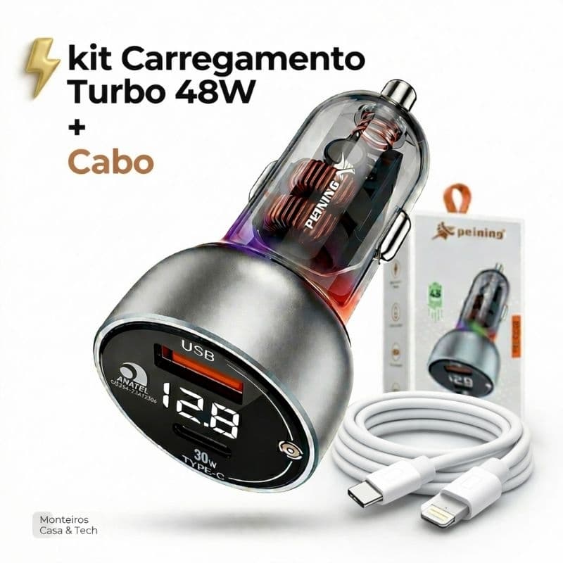 Kit Carregador Veicular 48W + Cabo Tipo C ou IOS 1M PD Original Para Carro Universal