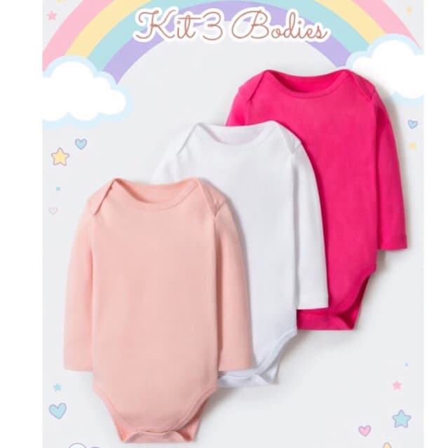 Kit 3 Body Bebê Manga Longa Suedine Algodão Liso Infantil Menino Menina Enxoval Bebê Saída Maternidade Inverno