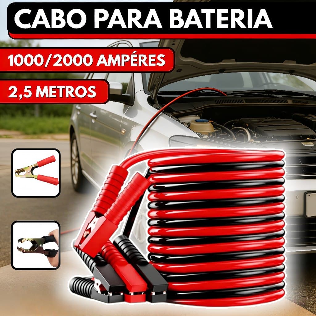 Cabos de bateria para carro - Cabo Chupeta 2,5 Metros 1000A ou 2000A | Kit de Partida Auxiliar