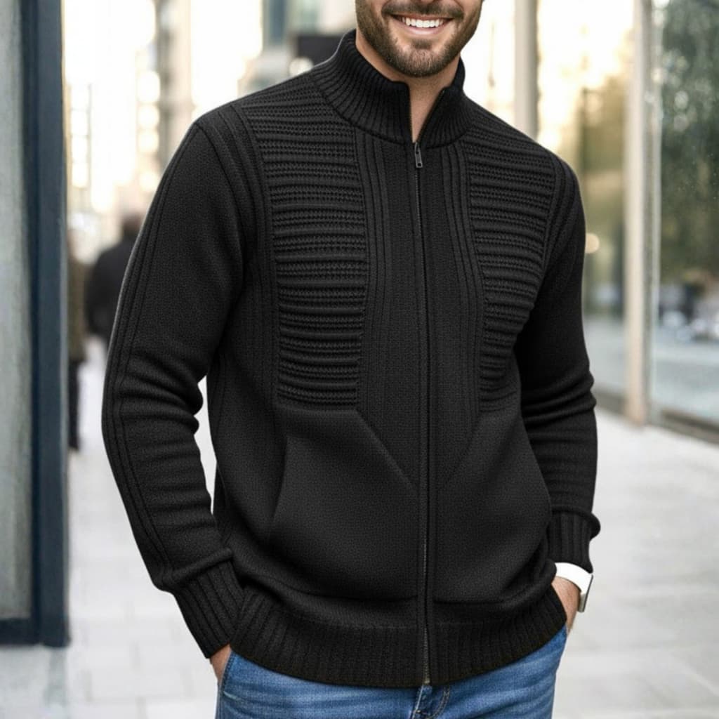 Jaqueta Masculina De Frio Blusa De Frio Preta Ziper Lã Grossa Tricot