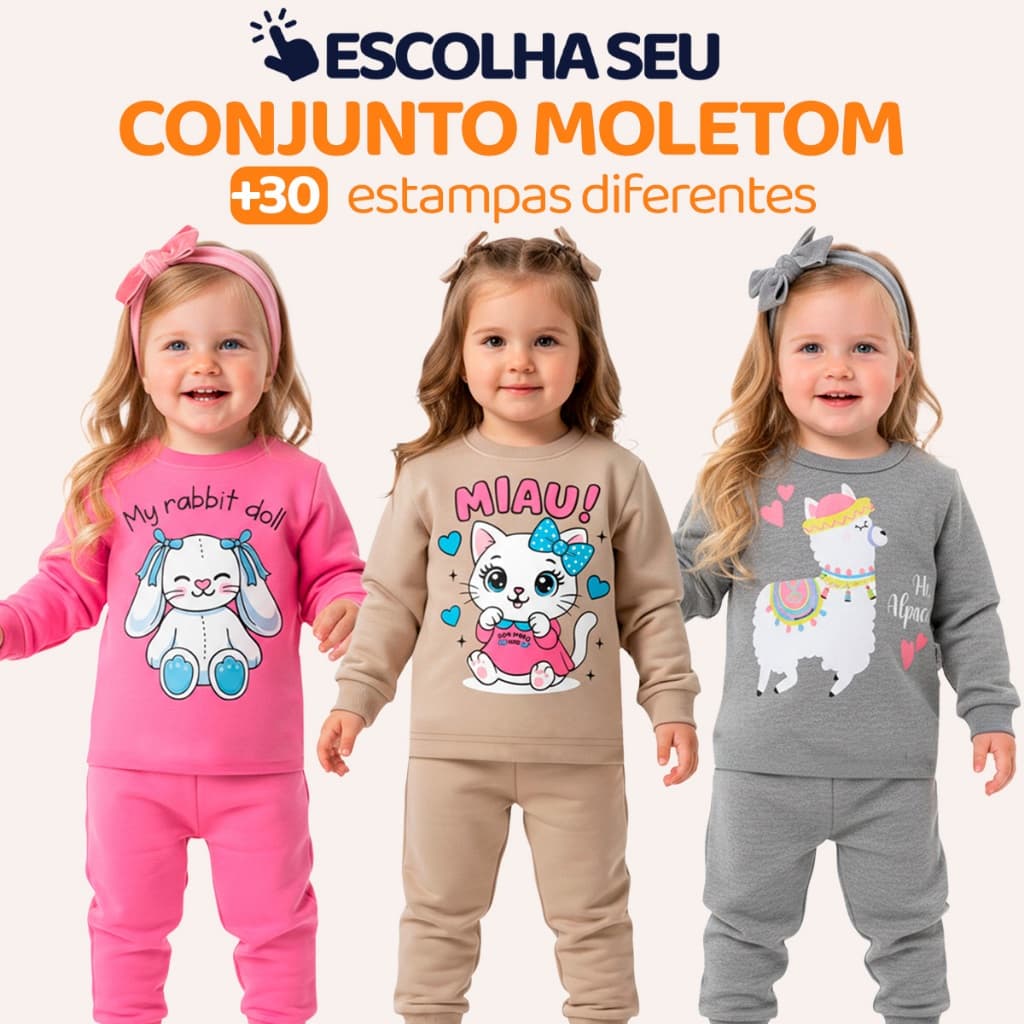 Conjunto de Moletom Infantil Bebê Menina Inverno Blusa e Calça Manga Longa Roupa de Frio Feminino Agasalho Estampa L04