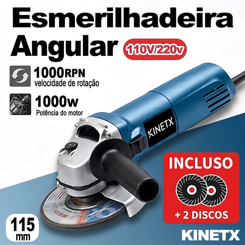 Esmerilhadeira Angular KINETX 1000W 115mm Profissional + 2 Discos 110V/220V