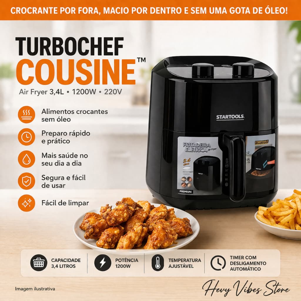 Air Fryer Sem Óleo 3,4L 1200W Fritadeira Elétrica Grande TurboChef Cousine™ Rápida Fácil Limpar 220V Promoção