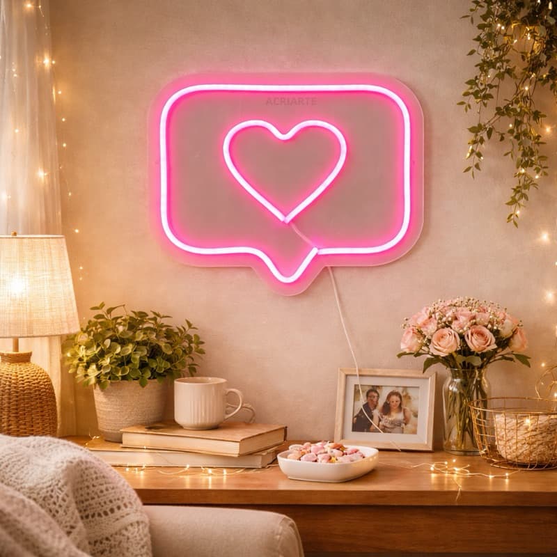 Luminária Placa LED Coração em Acrílico – LED para Decoração Neon Rosa