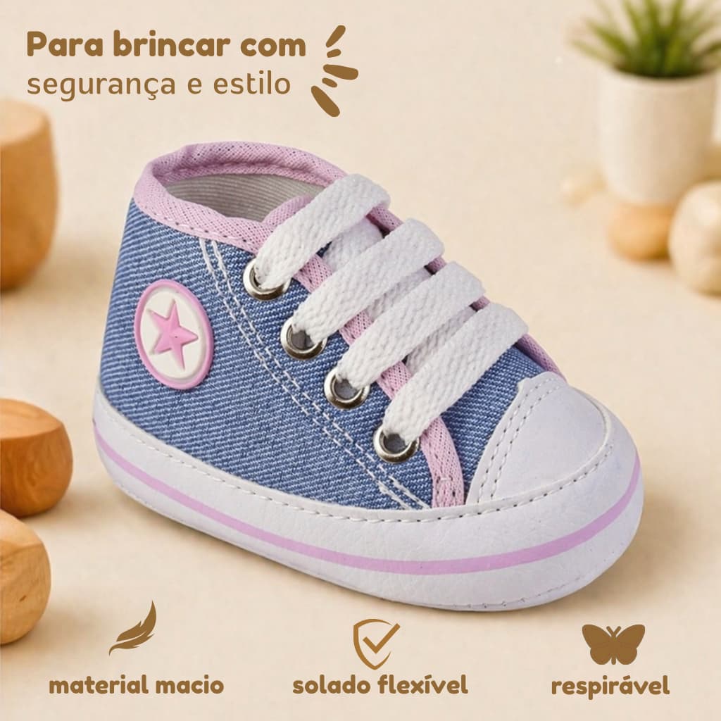 Tênis Infantil Menina Sapatinho Bebê Jeans Rosa em Lona Dudu Calçados Confortável Antiderrapante