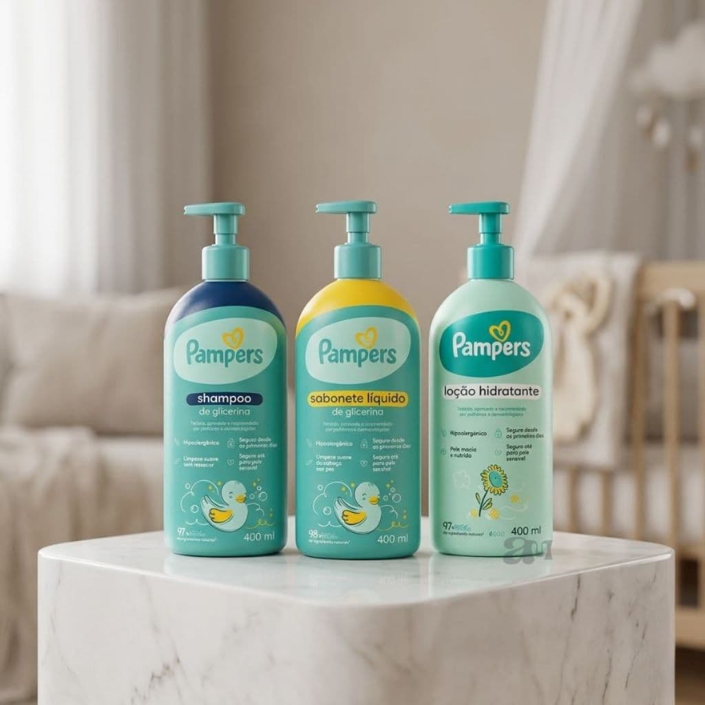 Kit Higiene Bebê Pampers 400ml Trio Shampoo, Sabonete Líquido e Loção Hidratante Infantil