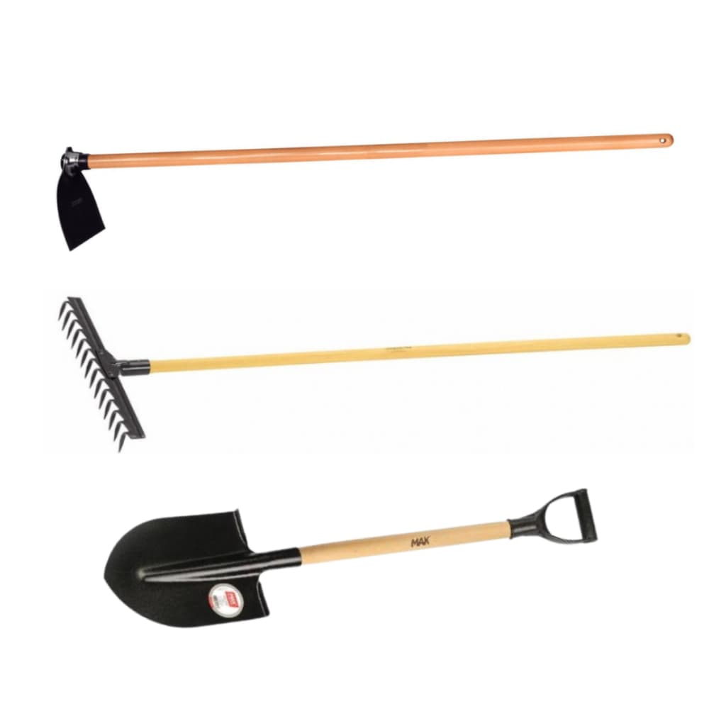 Kit Jardim Completo Enxada Estreita 22cm + Ancinho 14 Dentes + Pá de Bico Cabo Madeira 1,20m