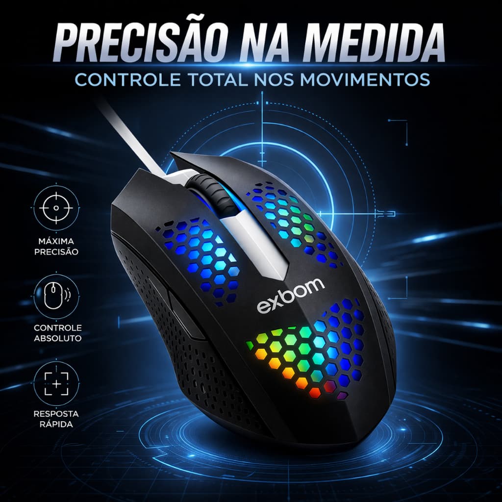 Mouse Gamer Preto Exbom RGB Preto Com Fio LED DPI Jogo Ergonômico USB PC Notebook Plug and Play