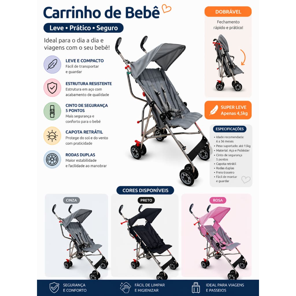 Carrinho de Bebê Guarda‑Chuva Compacto Super Leve Dobra Rápido e Facil Certificado INMETRO Seguro