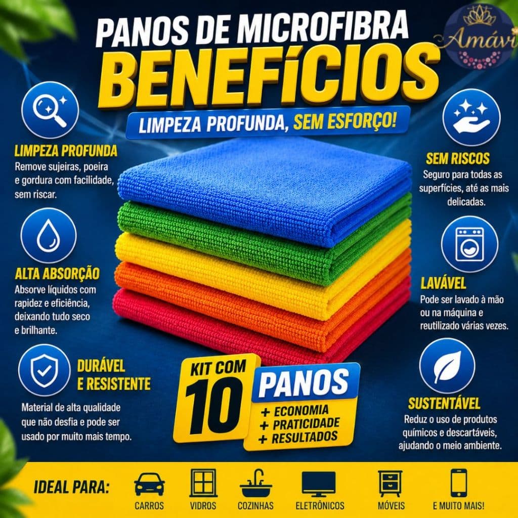 kit 10 Panos Microfibra Multiuso Alta Absorção Limpeza Alta Qualidade Cores Diversas
