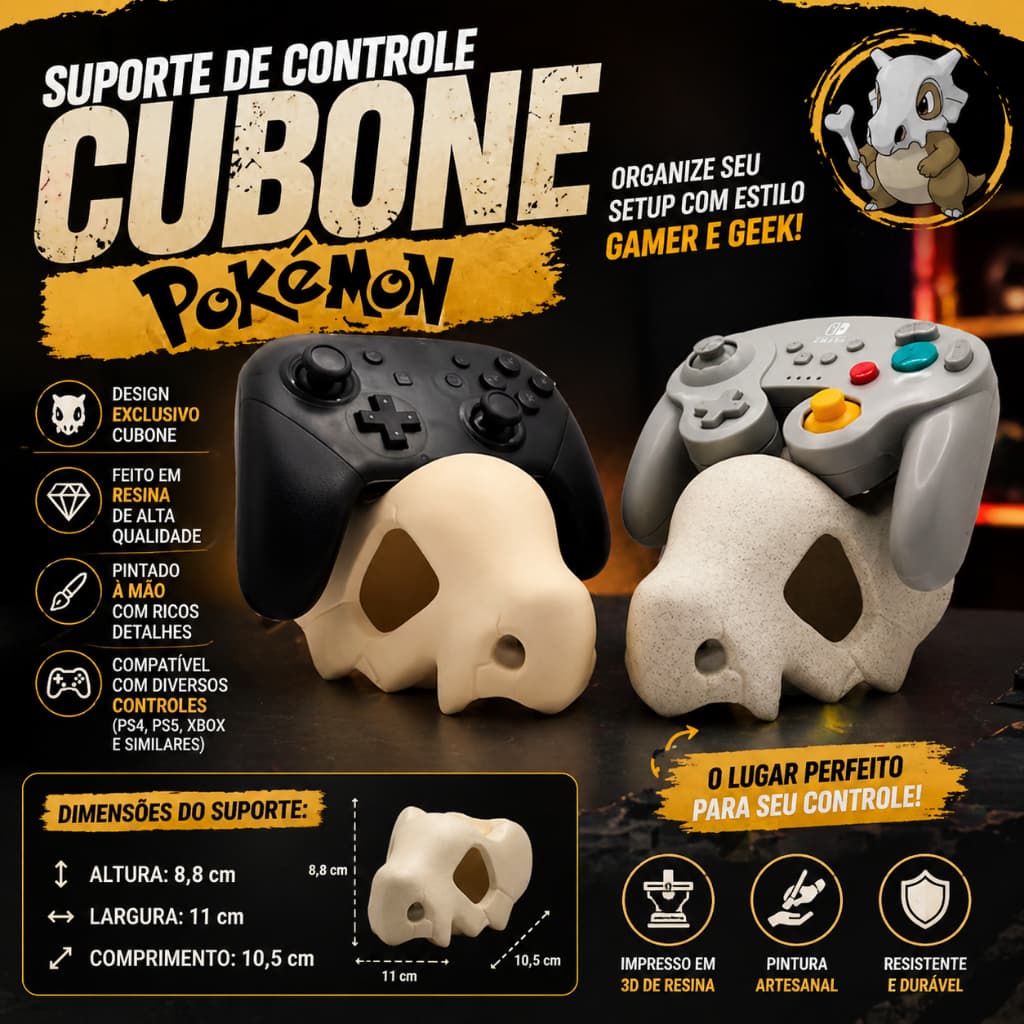 Porta Controle Cubone Pokémon 3D – Suporte Gamer para PS4, PS5, Xbox ou Controle de Vídeo games