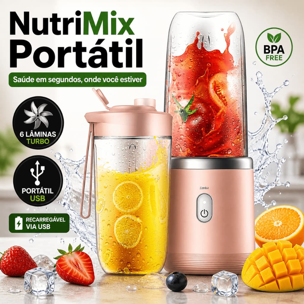 Liquidificador Portátil Potente 6 Lâminas USB Recarregável 400ml Faz Shake Suco Detox Rápido NutriMix