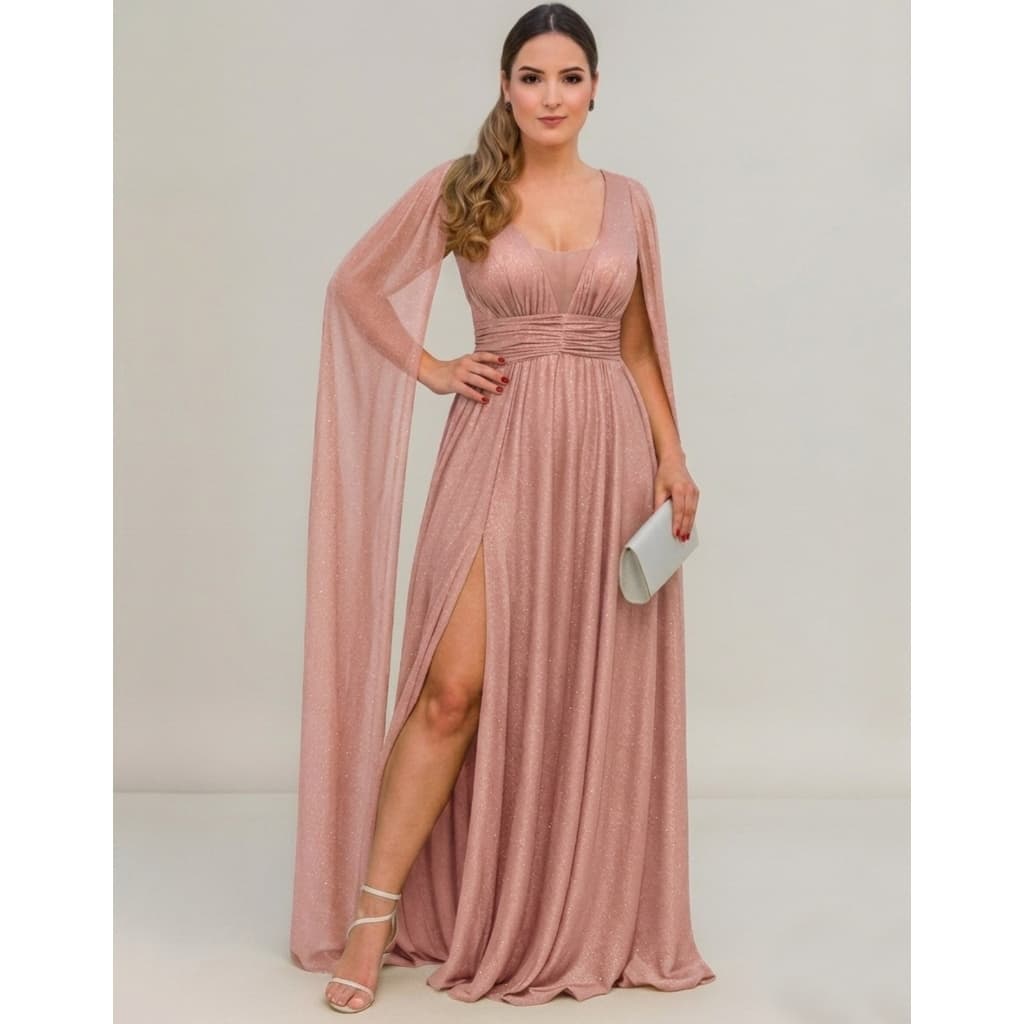 Vestido Longo Com Fenda E Capa Dupla Madrinha Tule Brilho