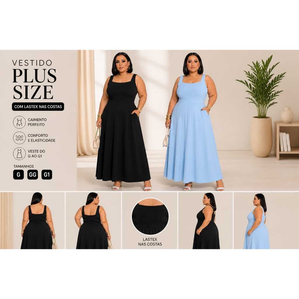 Vestido Feminino plus Size Longo Tendencia Moda Elegante com Lastex nas Costas G GG G1