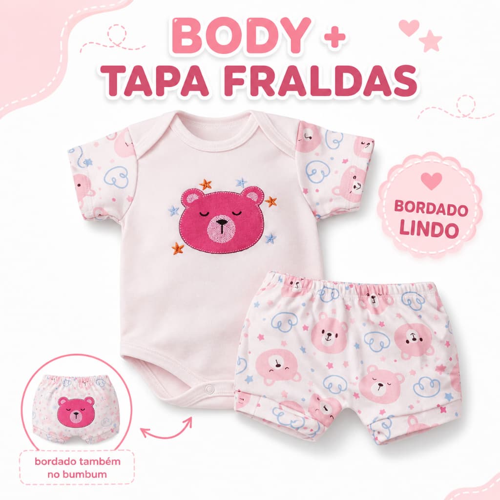 Conjunto para Bebê Body Com Tapa Fraldas Estampas para Menina em Malha Suedine Algodão Macio Com Bordado Lindos