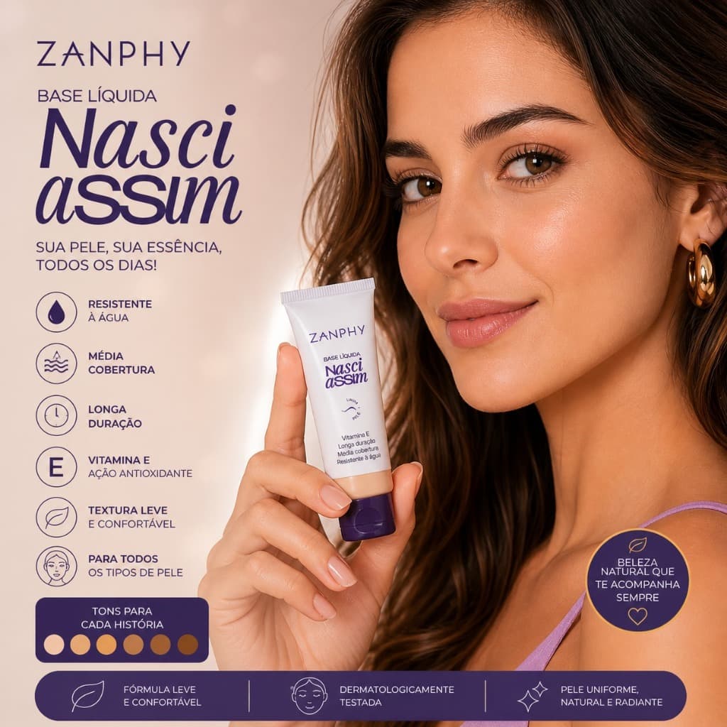 Base Liquida Nasci Assim Zanphy Efeito Matte Cobertura Media Resistente Àgua
