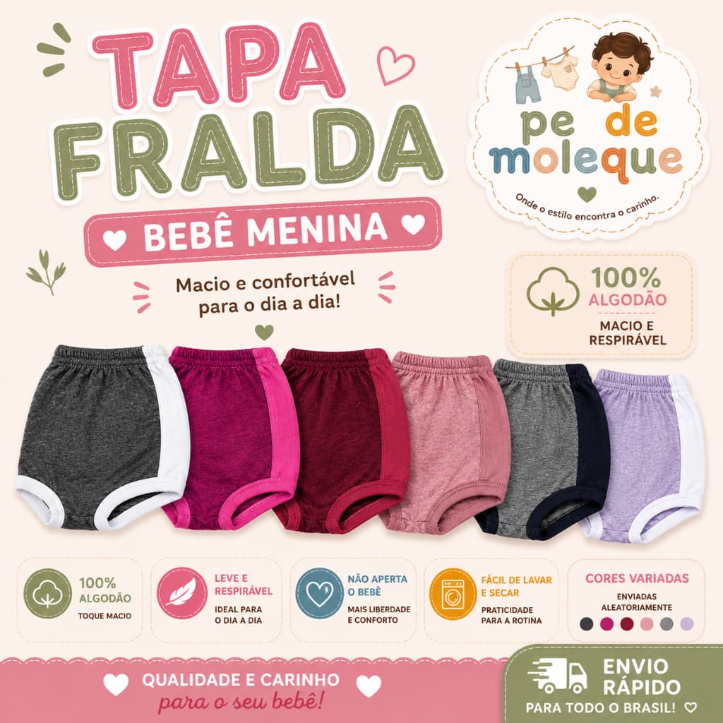 Kit 2 Tapa Fralda Bebê Menina Shortinho Cobre Fralda Algodão Confortável