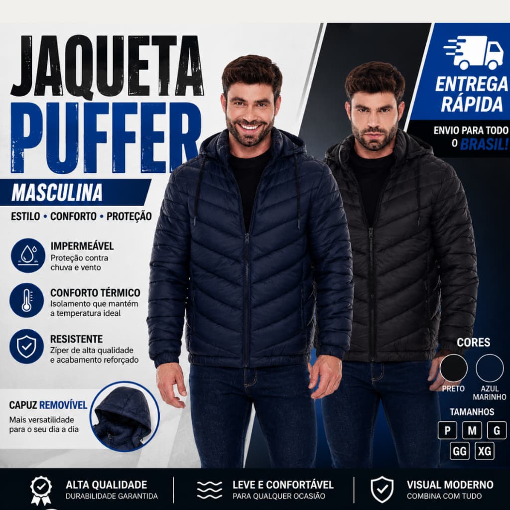 Jaqueta Puffer Masculina Impermeável Bobojaco Capuz Removível Inverno Frio Quente Casual Bomber
