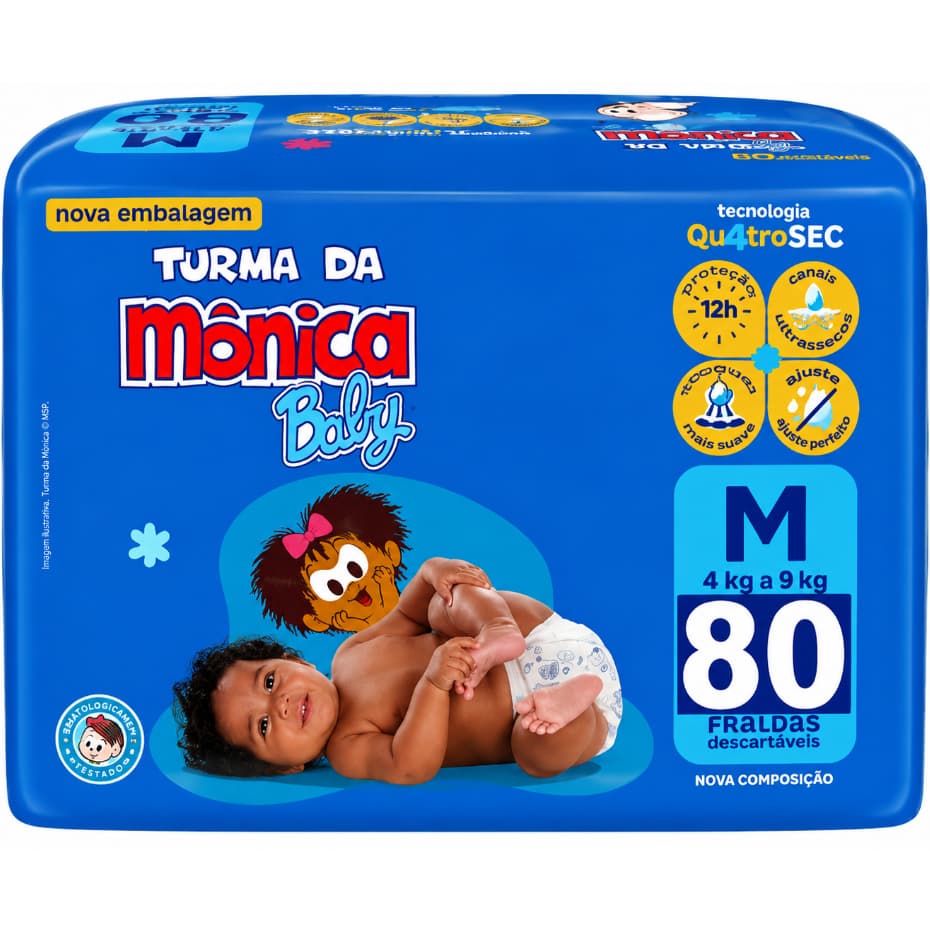 Fraldas Descartáveis Turma da Mônica Baby M ( 4 a 9 Kilos) 80 Fraldas