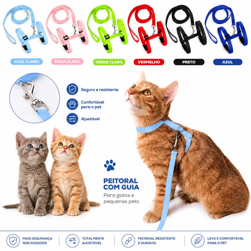 Coleira Peitoral e Guia Regulável Para Gatos E Cachorro Pequeno Porte Nylon Confortável e Seguro PET