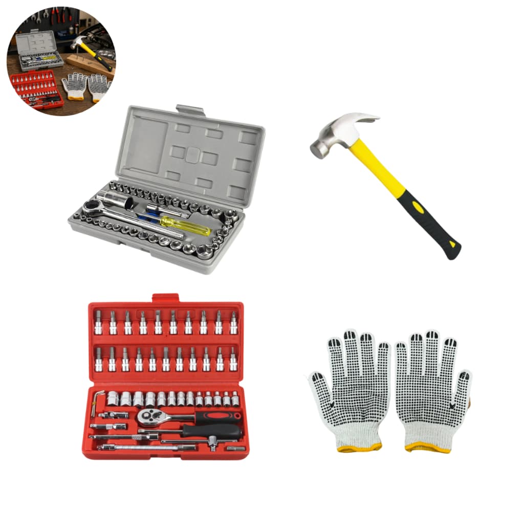 Kit Ferramentas Completo Com Martelo De Unha E 1 Par De Luvas Multiuso