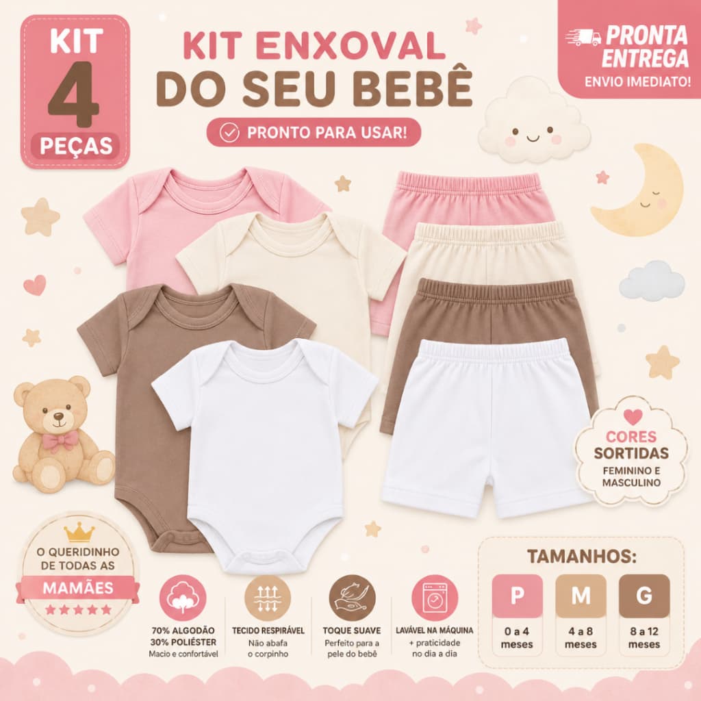 Kit 4 Peças Body Manga Curta verão com Shorts Bebê Menina e Menino Infantil
