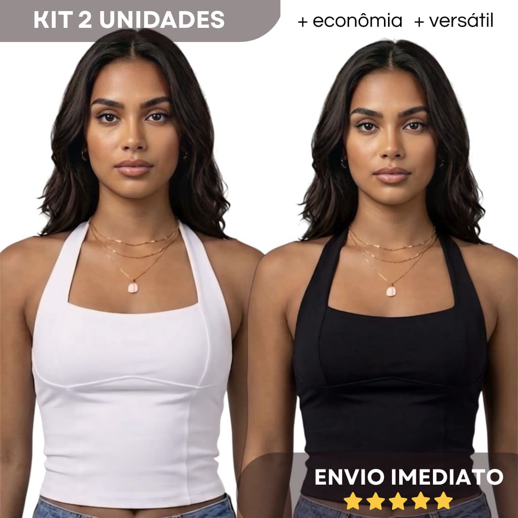 KIT 2  BLUSAS FEMININA TOP HALTER CROPPED AJUSTADO FRENTE ÚNICA COSTA NUA CASUAL ACADEMIA E SOCIAL