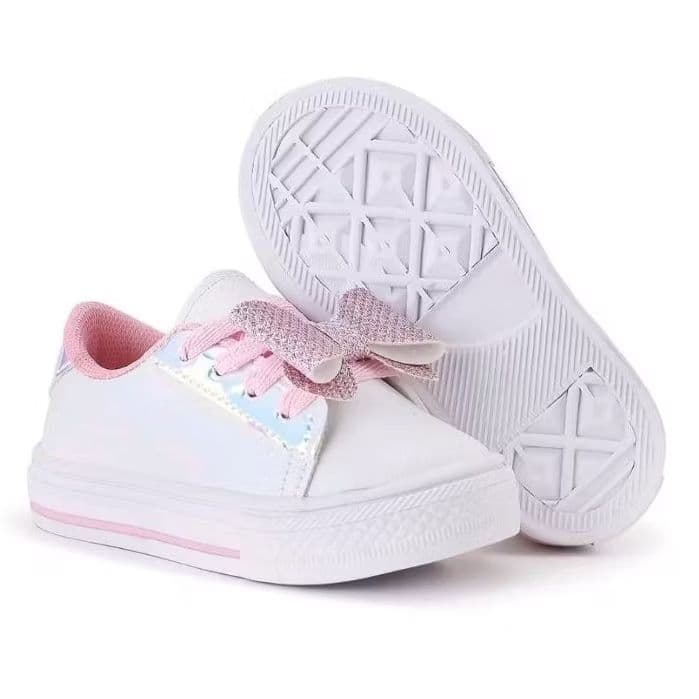 Tênis Infantil Menina Escolar Confortável Antiderrapante Branco e Rosa ou Preto com Detalhe Laço Glitter no Cadarço.
