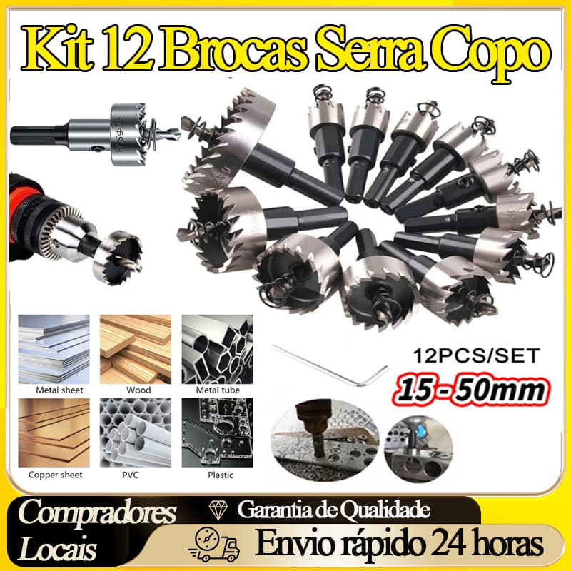 Kit 12 Brocas Serra Copo Furar chapa Metal Aço Ferro 15-50mm jogo ferramentas completo metalurgica Alumínio, Ferro