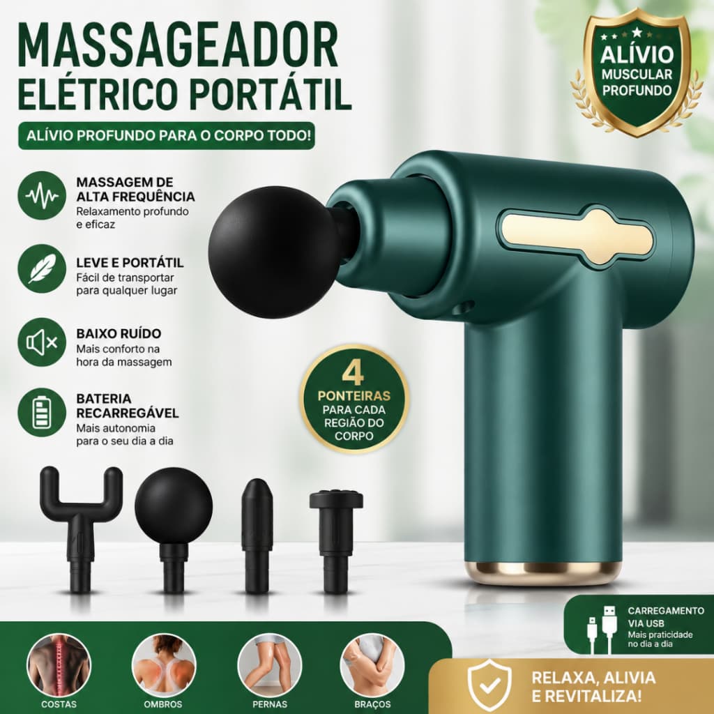 Massageador Elétrico Portátil Recarregável 4 Ponteiras Alívio Muscular Profundo USB