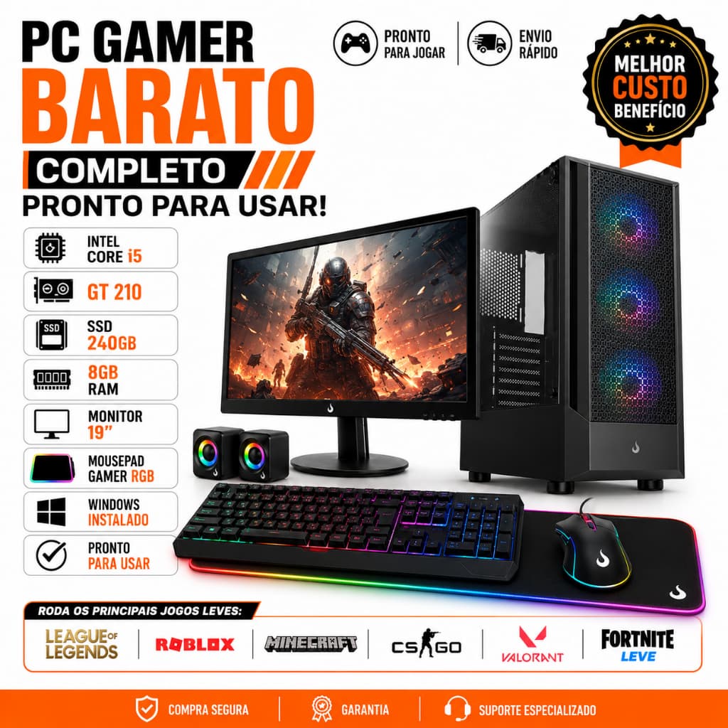 PC Gamer Barato Completo i5 GT 210 SSD 240GB Mousepad Gamer RGB Monitor 19 Windows