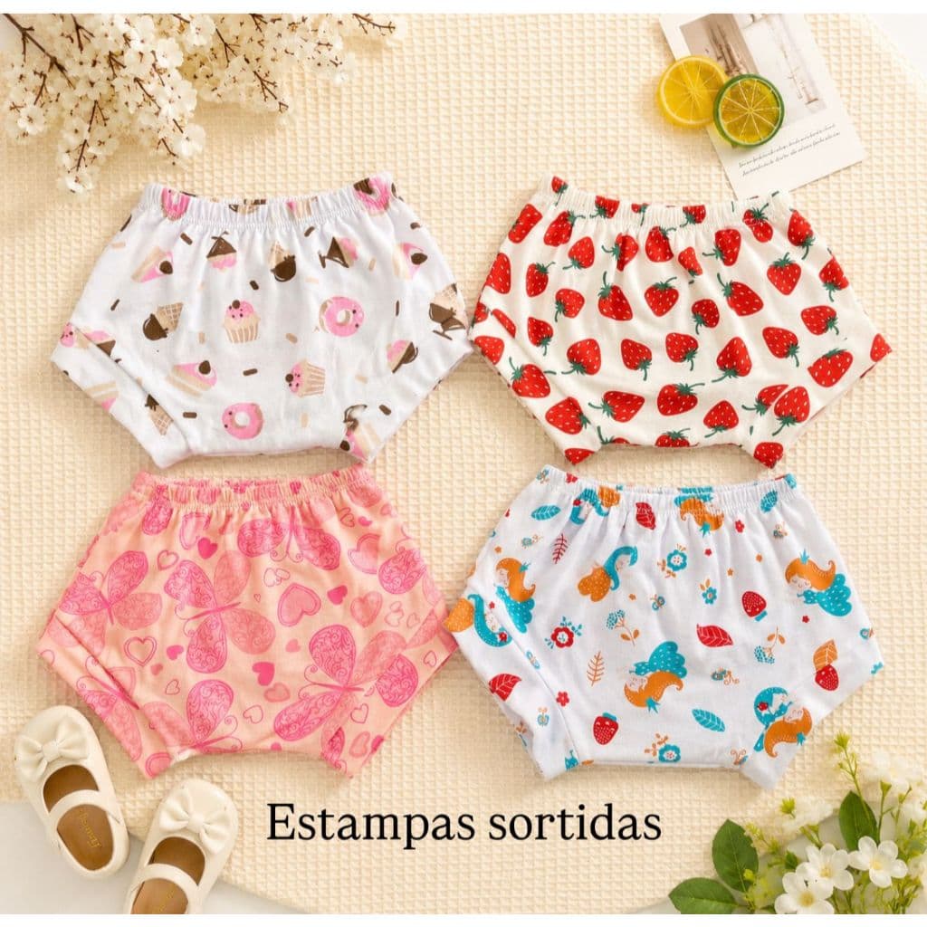 Kit com 4 Calcinha tapa fraldas de bebê 100% algodão menino e menina enxoval dia a dia verão praia Infantil Kids Shortin