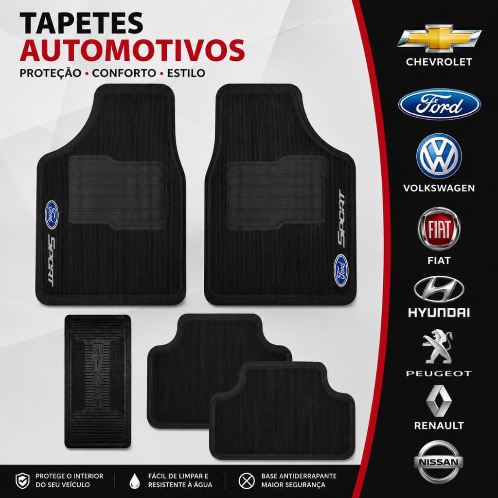 Tapete de Carro Ford Fiesta Hatch Versátil Borracha 5 peças – Ká, Fiesta, Ecosport, Escort, Fusion - Tapete Automotivo