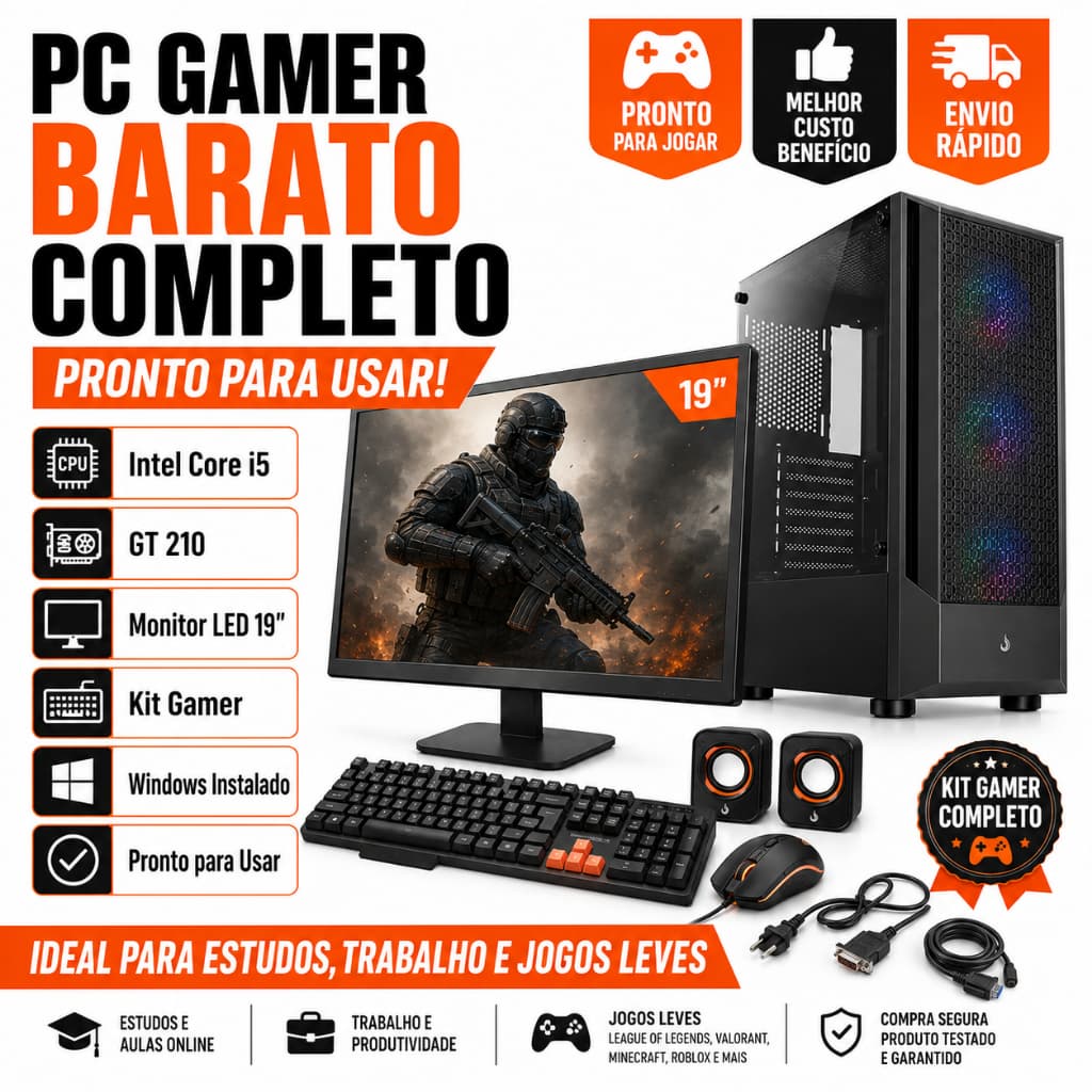 PC Gamer Barato Completo i5 GT 210 Monitor LED 19 Kit Gamer Windows