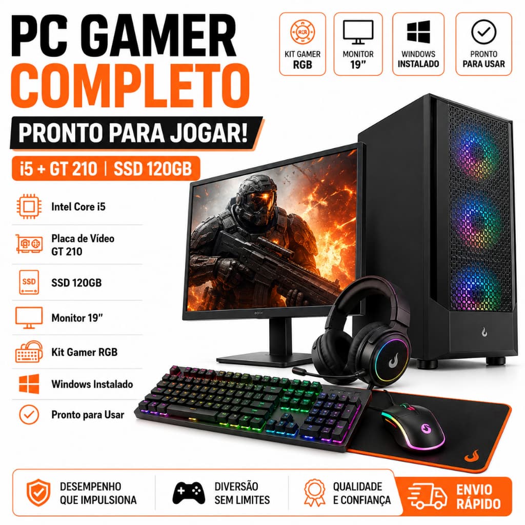PC Gamer Completo i5 GT 210 Kit Gamer RGB Monitor 19 SSD 120GB Windows