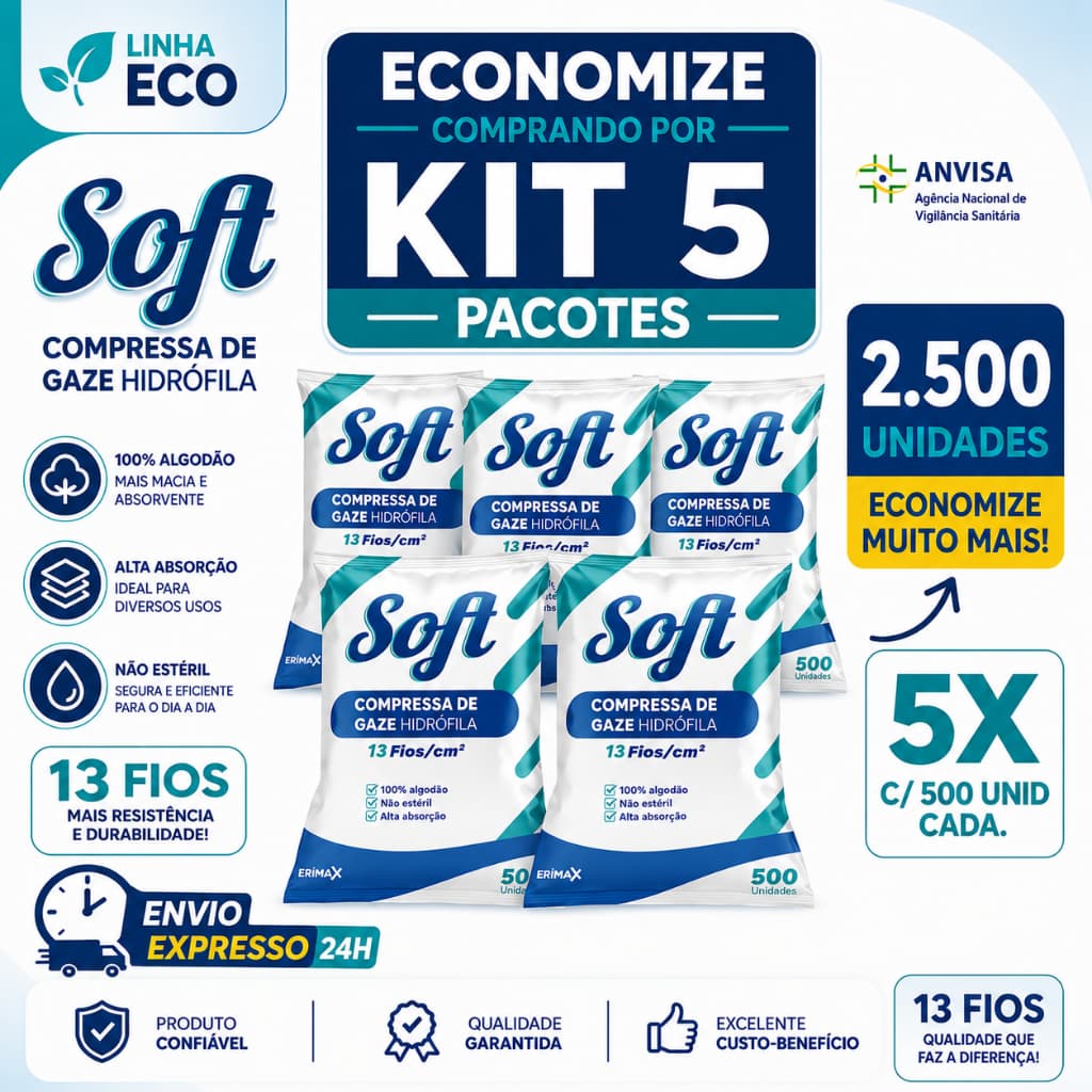 Kit 5 Compressa De Gaze 13 Fios 2500 Unidades Soft Hidrófila Gazes Descartável Anvisa
