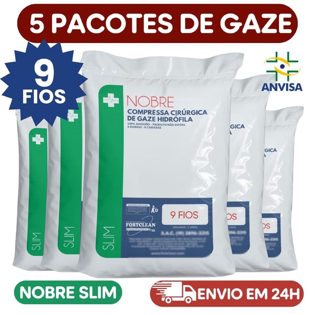 5x Pacote de Gaze Não Estéril 9 Fios Gazinha 7,5 x 7,5 p/ Curativo Compressa 100% Algodão Nobre Slim