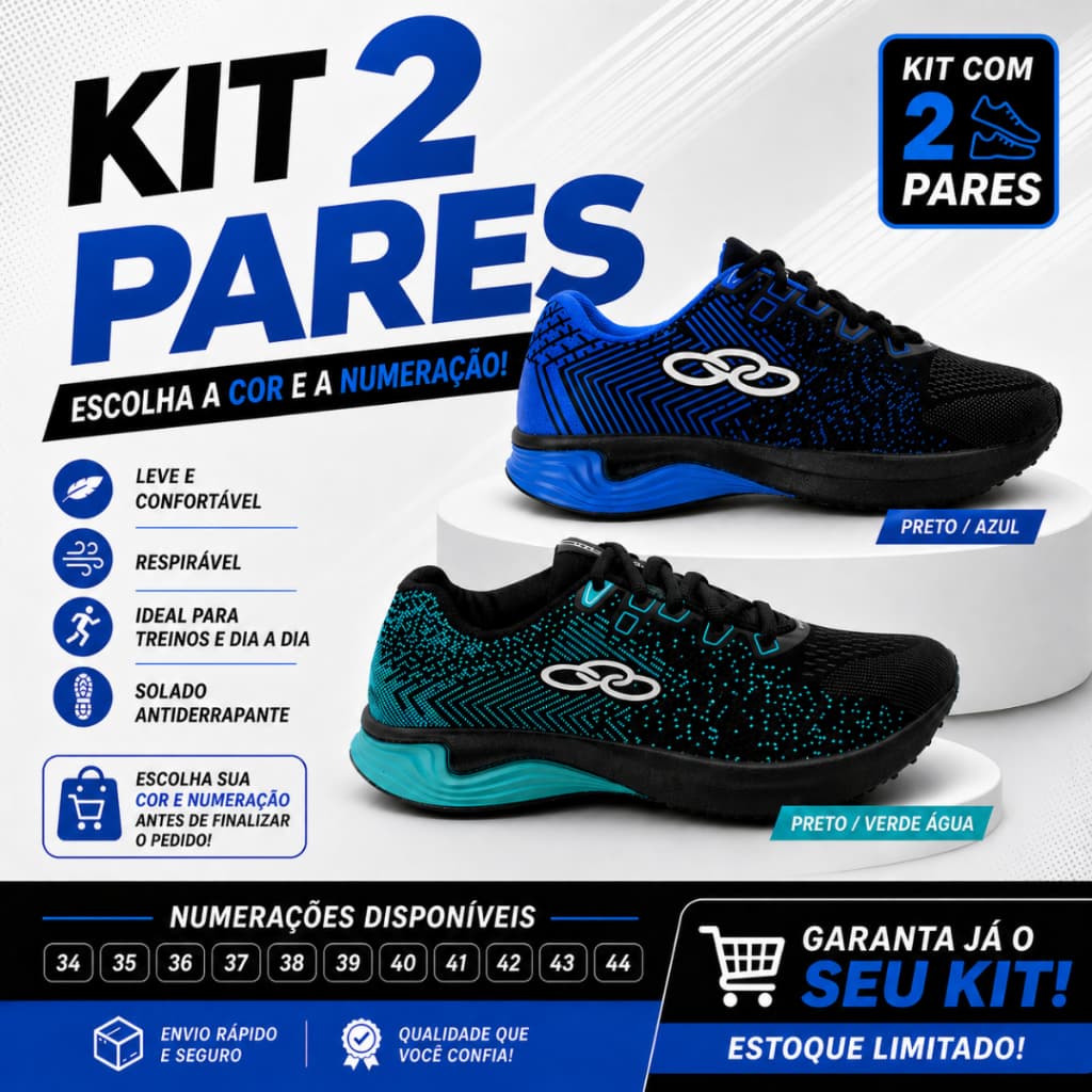 Kit 2 Pares Tênis Masculino Esportivo Academia Treino Corrida Caminhada Resistente Leve Confortável