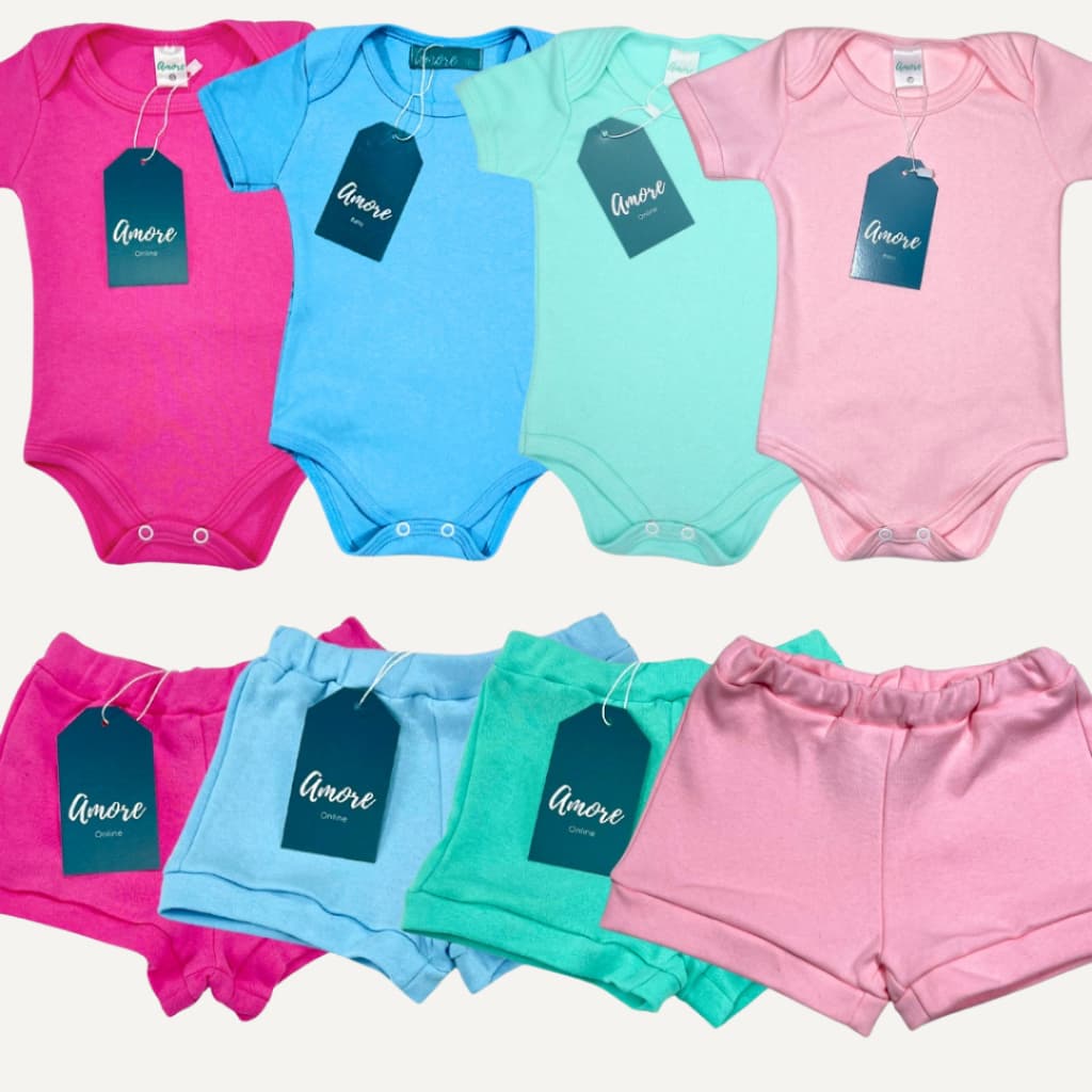 Kit 6 Peças Bebê Body Manga Curta e Shorts Conjunto Roupa Menina Menino Infantil