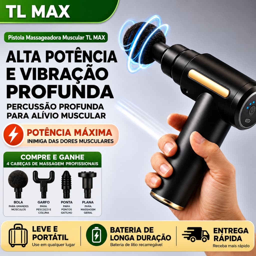 Pistola Massageadora Muscular TL MAX Profissional Alta Potência Recarregável 4 Cabeças Alívio da Dor