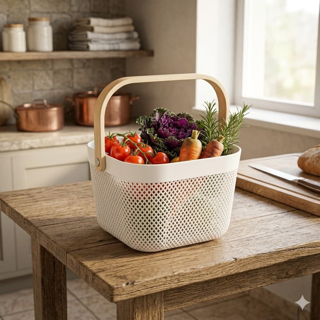 Cesto Organizador Quadrado Decorativo com Alça de Madeira 20x15cm, Cesto Multiuso para Banheiro, Cozinha