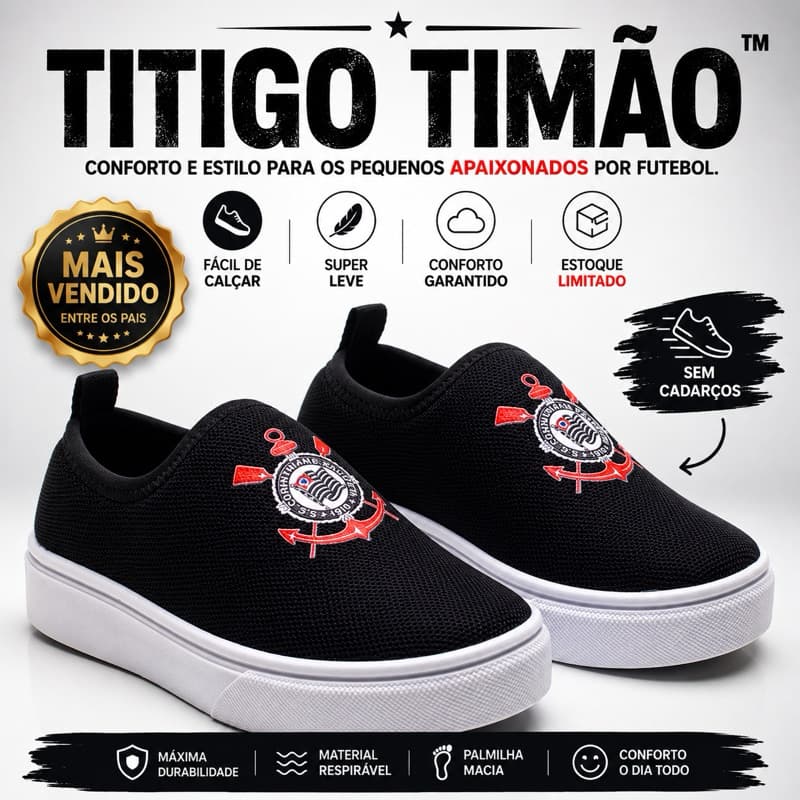 Tênis Infantil Slip On Preto Timão | Leve, Confortável e Fácil de Calçar | Menino e Menina