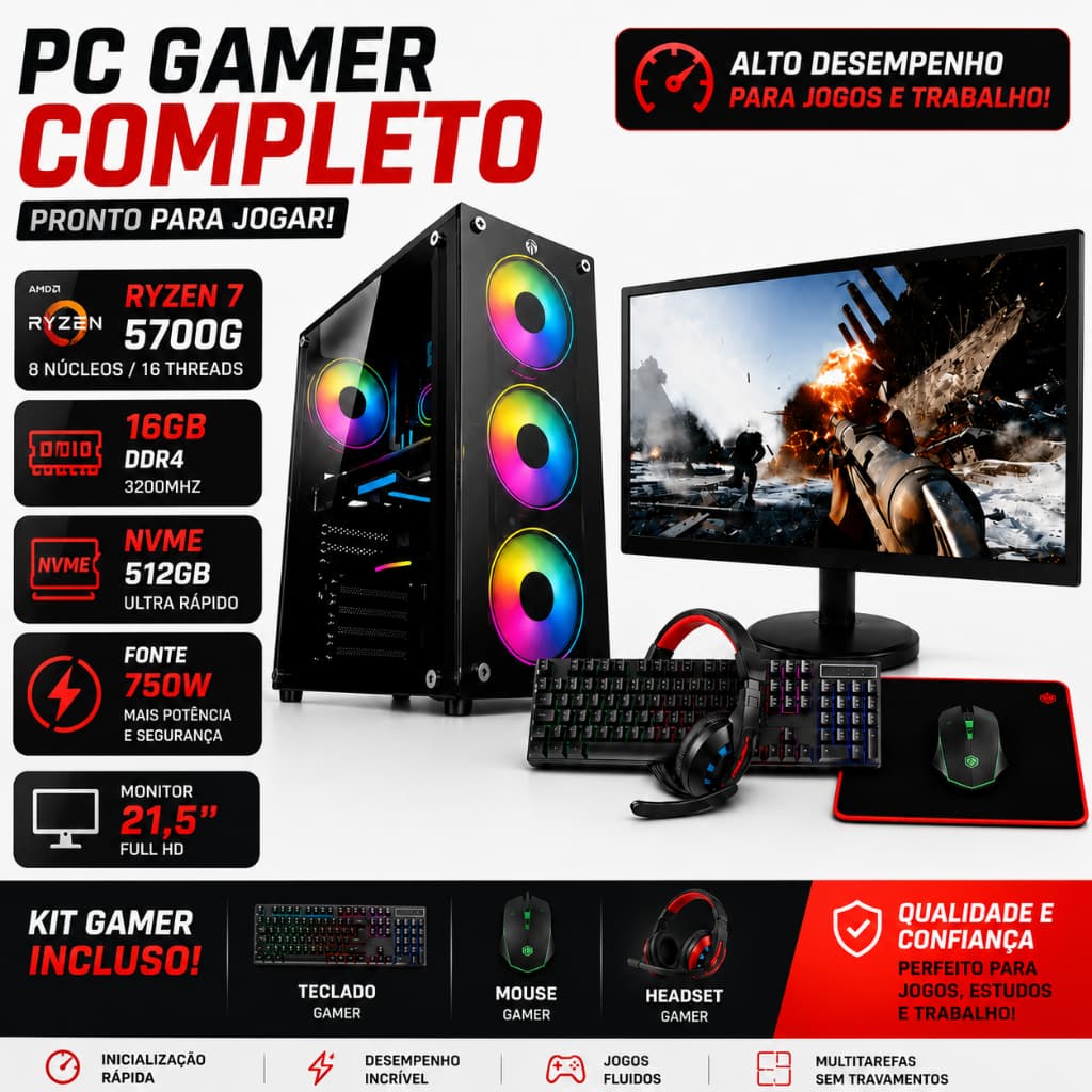 Pc Completo Gamer Ryzen 7 5700g NVME 512gb 16gb 3200MHZ Fonte 750W Monitor 21,5'' - Kit Gamer: Teclado, Mouse e Headset